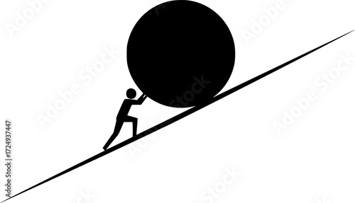 a figure pushing a large ball up a hill, simple black and white design, vector illustration