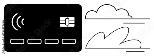 Flat design of a contactless payment card and stylized clouds suggests fast, secure online payments. Ideal for finance, e-commerce, technology, cloud computing, digital transformation, fintech