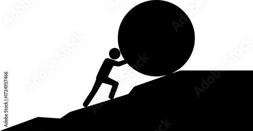 a figure pushing a large ball up a hill, simple black and white design, vector illustration