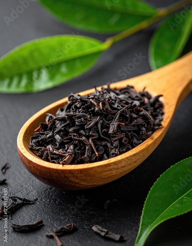 Dark, loose-leaf black tea rests in a wooden spoon, accompanied by fresh green tea leaves on a dark surface