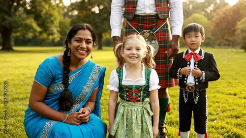 Parents children wearing outfits different cultures cinematic handheld multicultural lifestyle stock video. family diverse attire global heritage handheld film varied ethnic