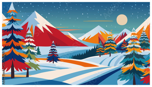 Colorful snowy mountain landscape with pine trees and moonlit night sky illustration