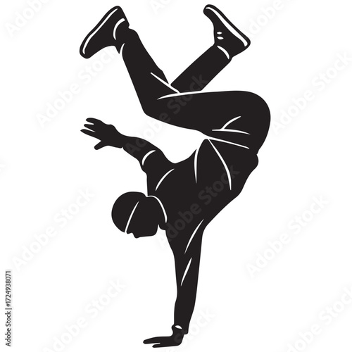 A male breakdancer silhouette appears in minimalist black and white vector style, boldly outlined, showcasing rhythm, motion, dynamic power, and urban expressive culture.