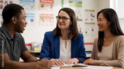 Parents talking teacher school meeting cinematic supportive education moment. guardians converse educator encouraging scholastic conference filmic nurturing learning