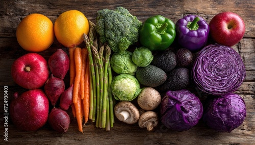 Colorful array of fresh produce on rustic wood