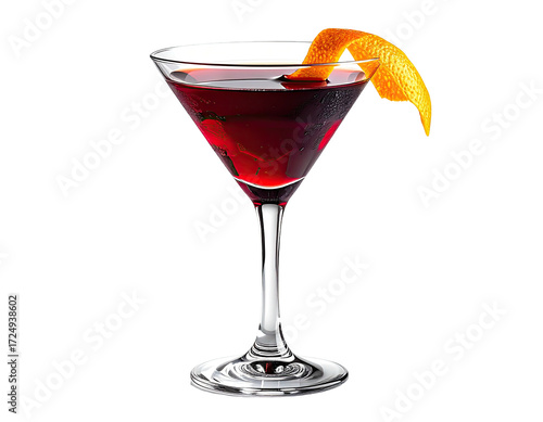 A vibrant red cocktail in a martini glass, garnished with an orange peel
