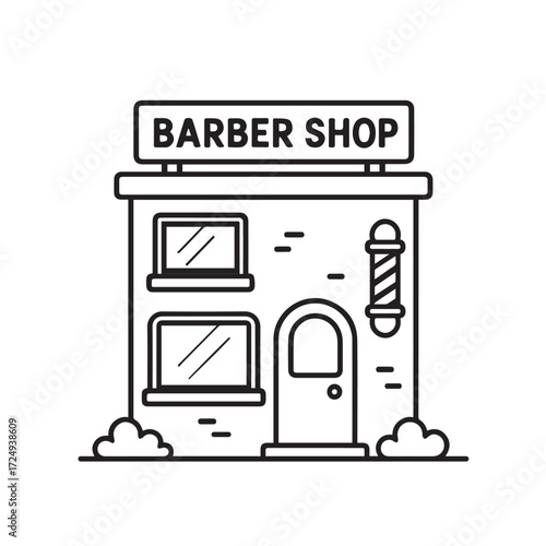 Minimalist cute barber shop vector, black and white concept highlighted with black outlines, perfectly suitable for illustration projects, branding, and decorative designs.