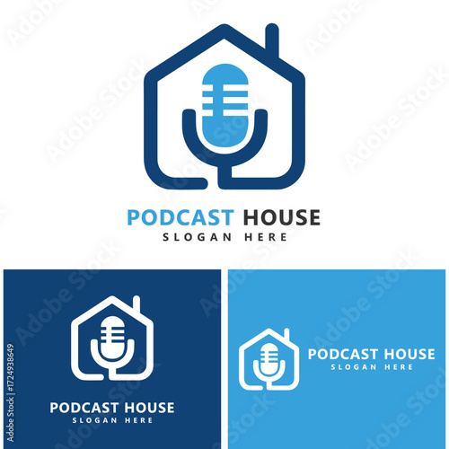 Podcast home, microphone and house logo template premium vector