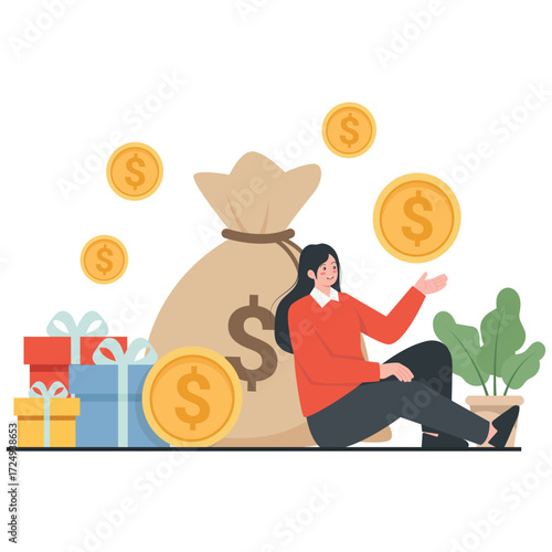 Financial Freedom Illustration. Vector illustration of Woman with a big money bag and gift boxes, floating coins, symbol of bonus, rewards, and smart saving. Isolated on background