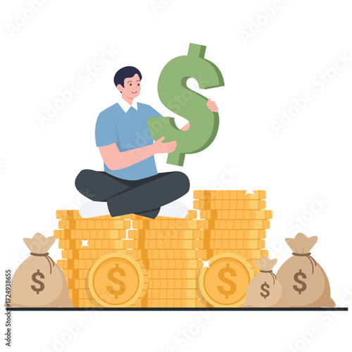 Financial Freedom Illustration. Vector illustration of Man sitting on stacks of coins holding a large dollar symbol, representing savings, profit, and financial stability. Isolated on background