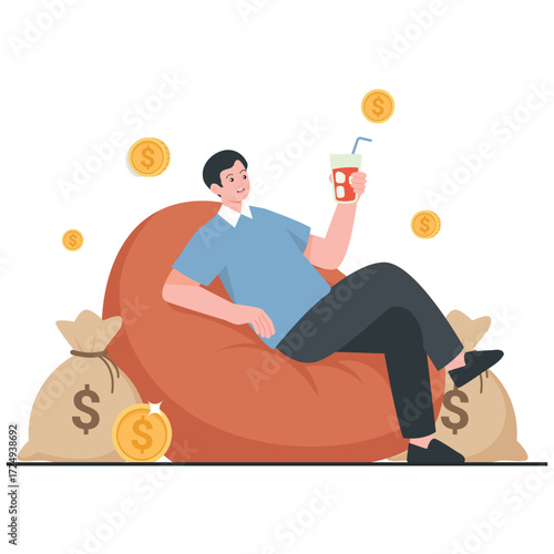 Financial Freedom Illustration. Vector illustration of Man relaxing on a bean bag with drink among money bags and coins, illustrating passive income and financial freedom. Isolated on background