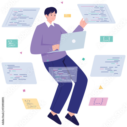 Virtual Work Illustration. Vector illustration of Developer typing on a laptop with floating code snippets, showing modern cloud programming. Isolated on background