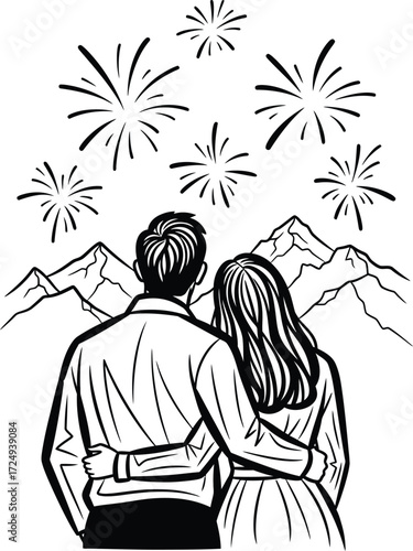 Couple watching fireworks over mountains embracing in a romantic moment on transparent background