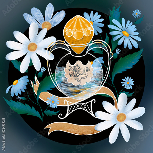 A bottle of perfume with daisies. Magic potion with the scent of daisies