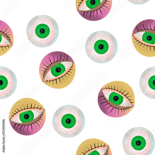 Eyes in watercolor and colored pencils. Seamless eyeball pattern