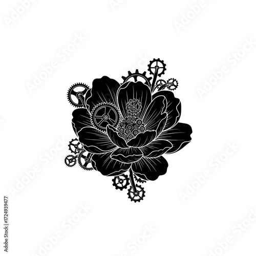 Mechanical Gears Intertwined Biomechanical Botanical Design Flower Petals Fusion Technology