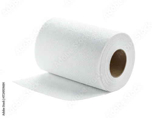 Rolled white paper towels, slightly unfurled, on a plain background