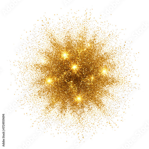 Golden glitter explosion isolated on transparent background, creating a sparkling and festive effect with bright lights