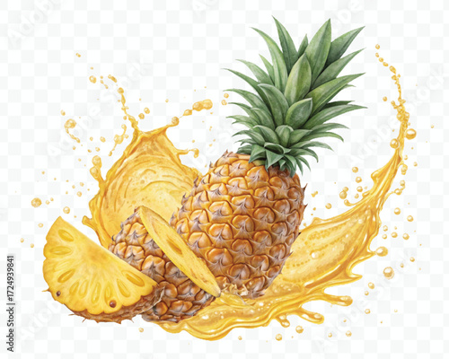 realistic delicious pineapple and slice with yellow juice splash in different style isolated on transparent background