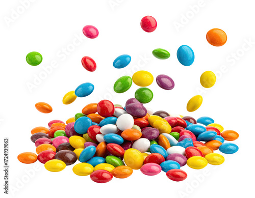 Colorful, round candies in various colors explode from a pile