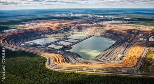 Aerial View of a Large Open-Pit Mine with Tailings Ponds.
