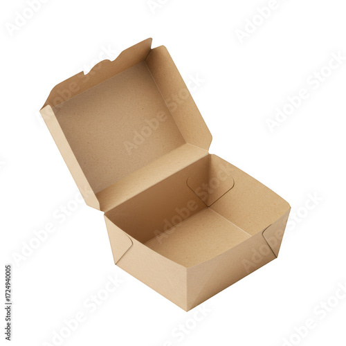 Open brown cardboard food box isolated on transparent background, perfect for showcasing packaging design mockups