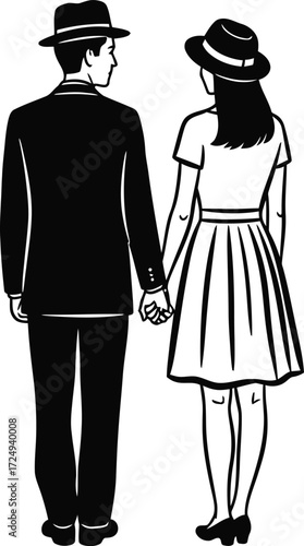 Couple holding hands walking together wearing hats in black and white art on transparent background