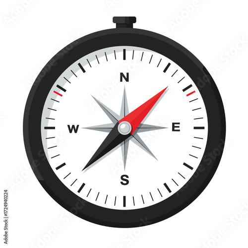 A detailed illustration of a classic black compass pointing towards north