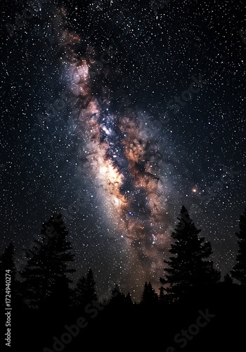 Stunning milky way galaxy shining brightly above majestic silhouette forest, perfect for inspiring wonder and exploration of the universe