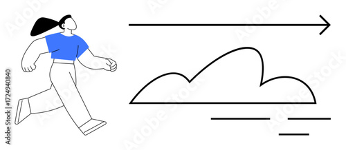 Female figure in active motion running forward alongside a minimalistic cloud and directional arrow. Ideal for themes thumbs up progress, motivation, success, achievement, goals, determination