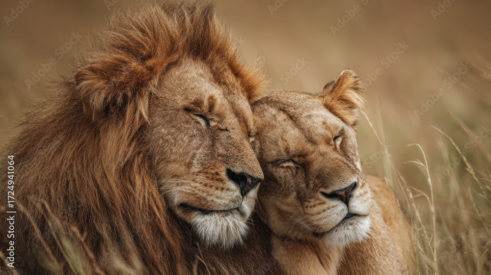 Obraz premium Lions resting together in a grassy field with eyes closed, enjoying a peaceful moment in their natural habitat under soft light.