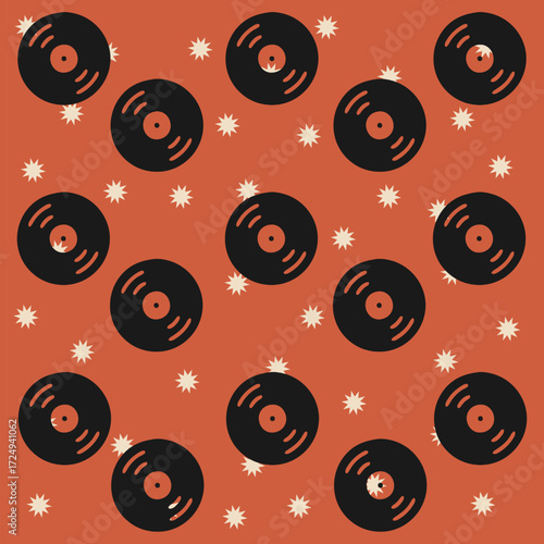Seamless pattern of retro vinyl records with classic music disc charm, ideal for fabrics, wallpapers, gift wrapping, stationery, digital backgrounds, and stylish nostalgic vintage design projects.
