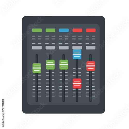 Digital audio mixer with sliders and signal level indicators displayed