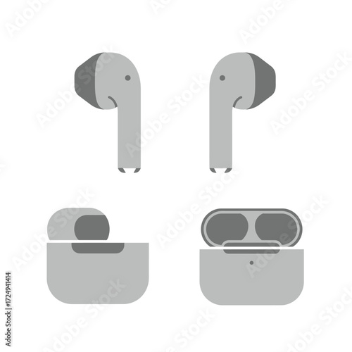 Wireless earbuds and charging case presented in a monochromatic flat illustration