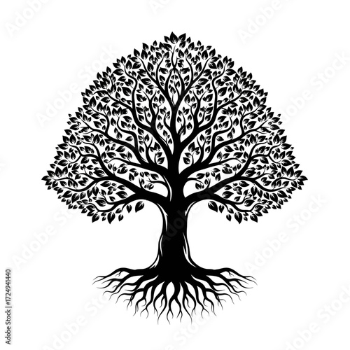 Tree of Knowledge Elegant Graphic Silhouette Glowing Leaves Enlightenment Symbolism