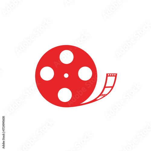 A bright red film reel icon with a trailing strip of movie film