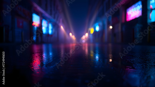 Wallpaper Mural City Street at Night: A captivating scene of a city street at night, where neon lights and vibrant colors are reflected on a wet pavement after a rain, creating an atmosphere of urban intrigue.  Torontodigital.ca