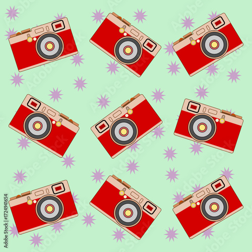Seamless pattern of vintage cameras with classic retro photography equipment, perfect for fabrics, wallpapers, gift wrapping, stationery, digital backgrounds, and stylish nostalgic design projects.