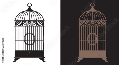 Ornate Birdcage Silhouette with Decorative Scrollwork and Circular Detail.