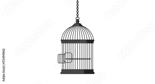 Simple Black Birdcage Hanging from Chain Isolated on White Background.