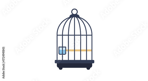 Simple Blue Birdcage with Water Dish and Perch Illustration.