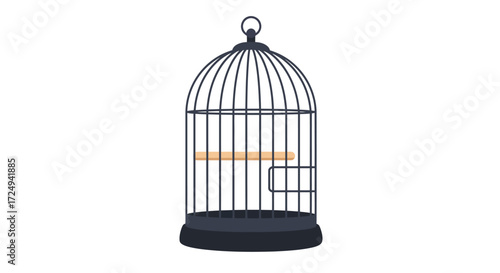 Simple Vector Illustration of a Black Birdcage with Perch and Door.
