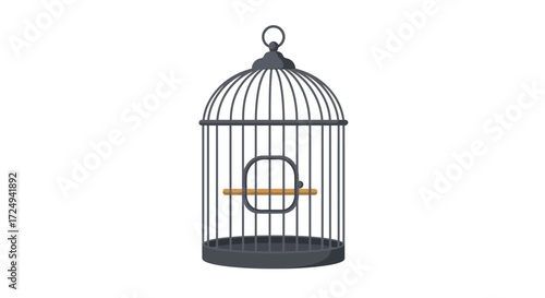 Simple Gray Birdcage with Wooden Perch and Rounded Top Design.
