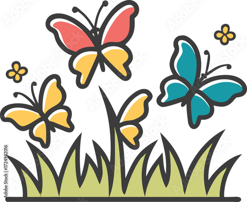 Colorful butterflies fluttering above lush green grass in a vibrant garden scene