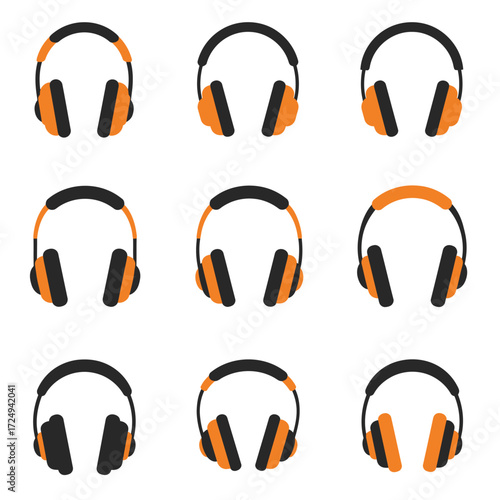 Nine pairs of colorful headphones arranged in a grid pattern