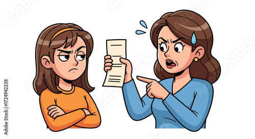 An angry mother scolding her defiant daughter about household expenses or a bill, depicting family conflict and disagreement