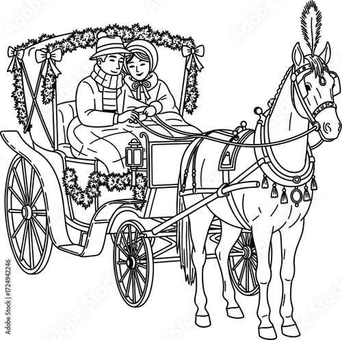 Couple riding in a horsedrawn carriage decorated for a festive occasion on transparent background