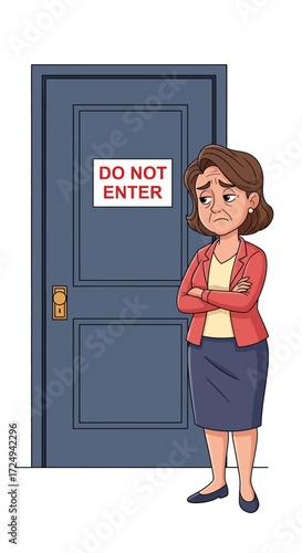 Woman Sadly Standing by a Do Not Enter Door