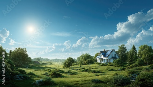 Fototapeta Naklejka Na Ścianę i Meble -  Sunny, white house nestled in a lush green landscape