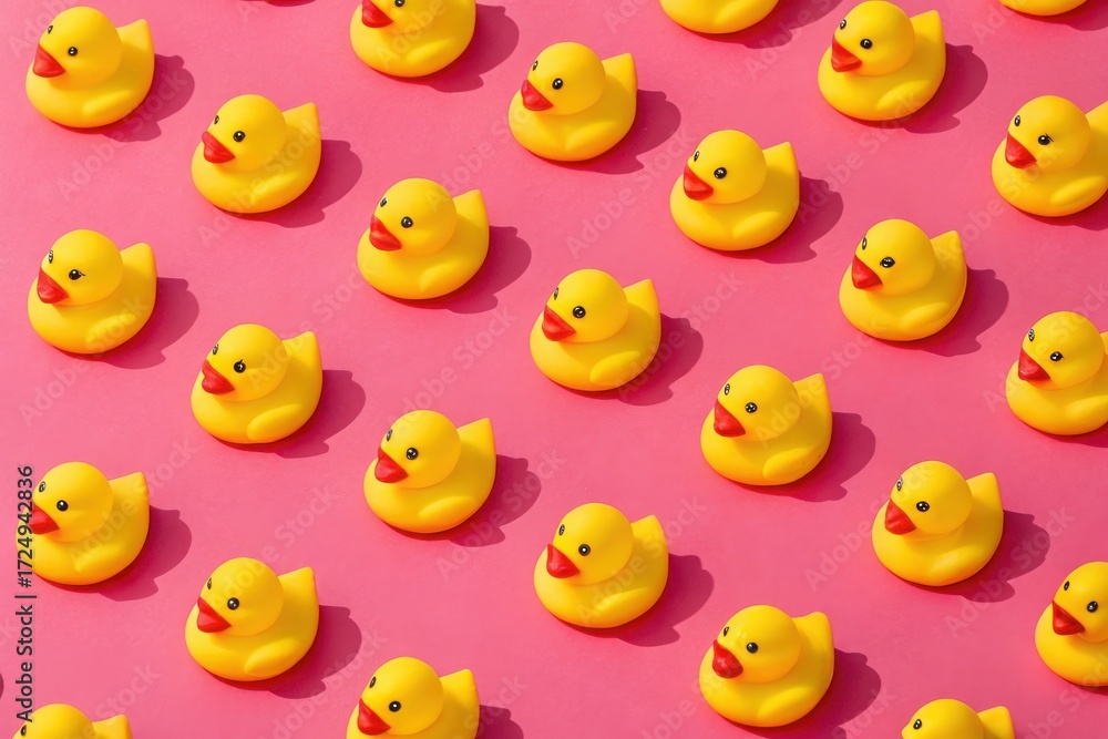Fototapeta premium Playful pattern of bright yellow rubber ducks evenly spaced on a bold pink background in modern pop art style.